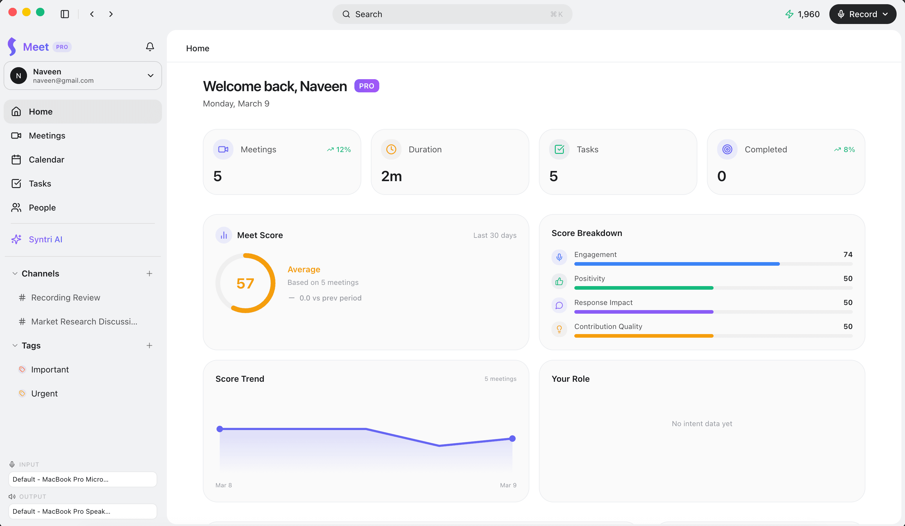 Mavio's home view: recent meetings, summaries, and follow-up tasks
