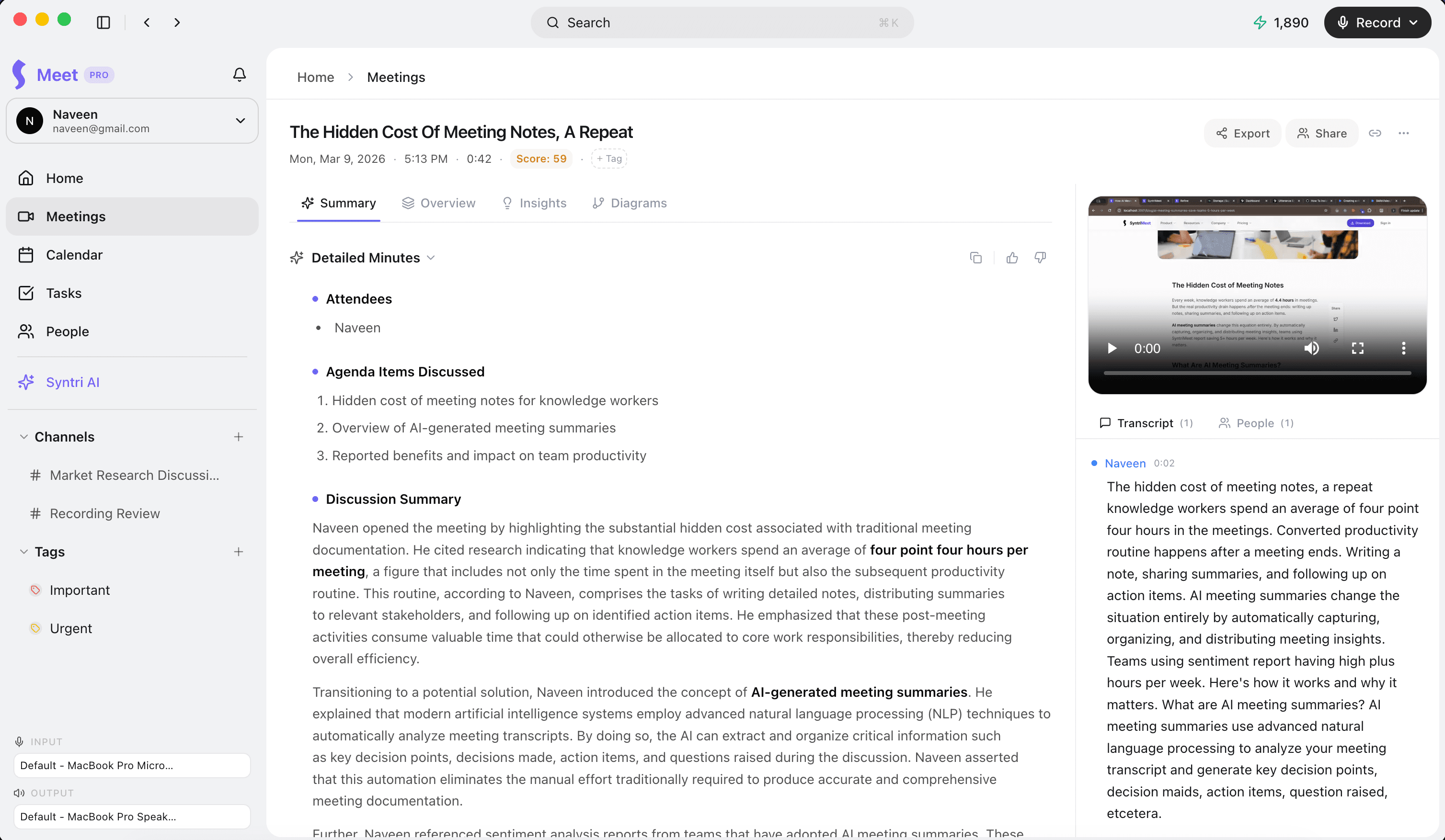 A Mavio meeting summary with highlights and extracted action items