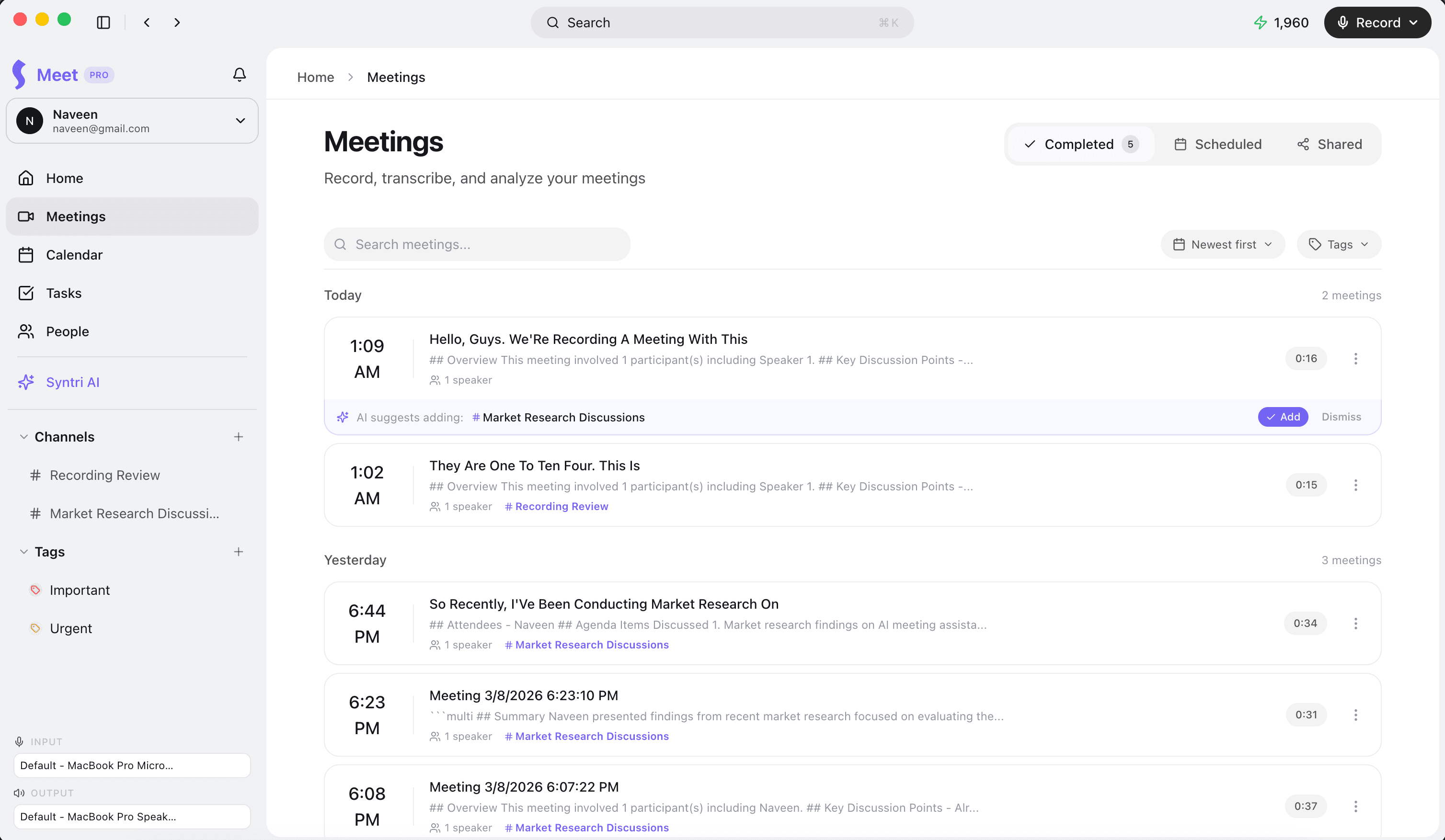Mavio meeting library showing recorded and transcribed calls