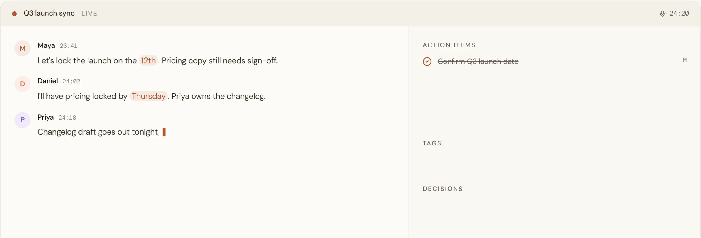 Mavio live meeting view: transcript on the left, extracted action items on the right